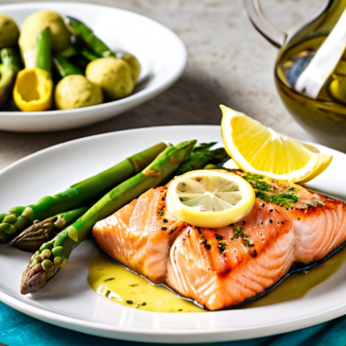 Home 19 **
"A vibrant and colorful low-carb meal featuring grilled salmon with lemon-butter sauce, alongside a serving of bright green asparagus. The dish is artfully arranged on a white plate. In the background, fresh avocados and olive oil complete the scene, evoking a healthy and delicious lifestyle. Capture with a warm, inviting light, suggesting a meal enjoyed in a sunny Mediterranean setting. Focus on natural, whole foods. The image should be appetizing and visually appealing, inviting viewers to explore the low-carb diet."
**