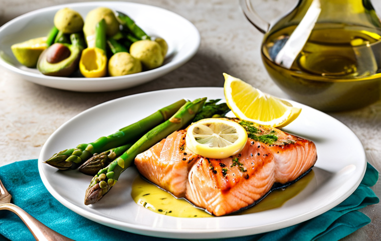 **
"A vibrant and colorful low-carb meal featuring grilled salmon with lemon-butter sauce, alongside a serving of bright green asparagus. The dish is artfully arranged on a white plate. In the background, fresh avocados and olive oil complete the scene, evoking a healthy and delicious lifestyle. Capture with a warm, inviting light, suggesting a meal enjoyed in a sunny Mediterranean setting. Focus on natural, whole foods. The image should be appetizing and visually appealing, inviting viewers to explore the low-carb diet."
**