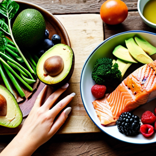 **

A vibrant and colorful spread of low-carb foods, including avocados, leafy green vegetables, grilled salmon, nuts, and berries, arranged artfully on a rustic wooden table. Natural light, emphasizing the freshness and healthiness of the ingredients.  A person's hands are reaching for the food, suggesting enjoyment and a healthy lifestyle.

**