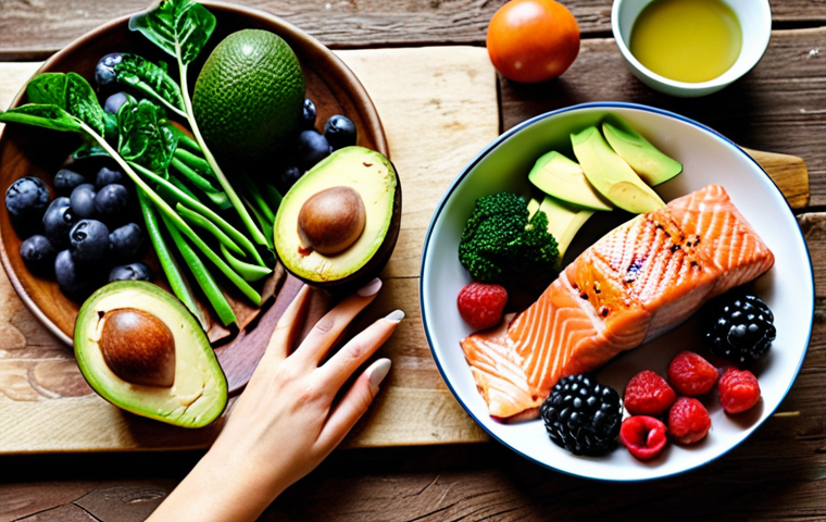 **

A vibrant and colorful spread of low-carb foods, including avocados, leafy green vegetables, grilled salmon, nuts, and berries, arranged artfully on a rustic wooden table. Natural light, emphasizing the freshness and healthiness of the ingredients.  A person's hands are reaching for the food, suggesting enjoyment and a healthy lifestyle.

**