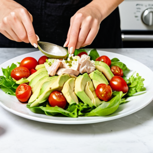 Home 17 **Image:** A vibrant kitchen scene featuring a woman preparing a low-carb chicken salad with avocado, cherry tomatoes, and a lemon vinaigrette. The focus is on fresh, colorful ingredients. The style should be bright and inviting, suitable for a cooking blog.