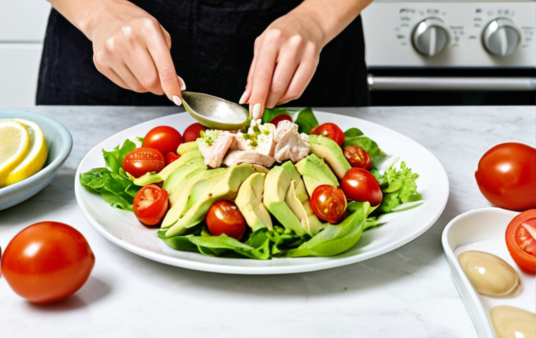 **Image:** A vibrant kitchen scene featuring a woman preparing a low-carb chicken salad with avocado, cherry tomatoes, and a lemon vinaigrette. The focus is on fresh, colorful ingredients. The style should be bright and inviting, suitable for a cooking blog.