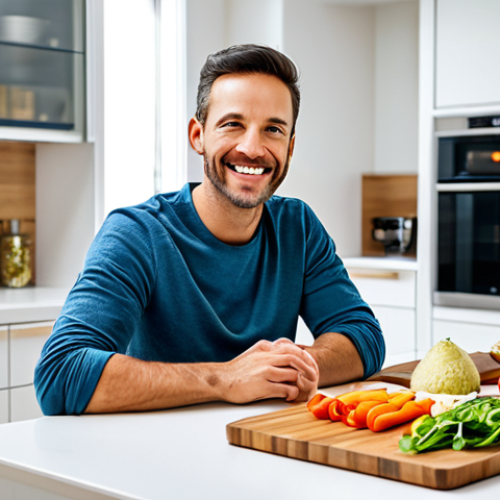 Home 8 A professional, healthy individual, appearing in their late 20s to early 30s, is seated comfortably at a clean, modern kitchen island, enjoying a vibrant and well-portioned low-carb vegan meal. The person is fully clothed in modest, appropriate attire, with a calm and content expression, suggesting stable energy and mental clarity. The background features a bright, organized kitchen with natural light. Perfect anatomy, correct proportions, natural pose, well-formed hands, proper finger count, natural body proportions, safe for work, appropriate content, professional photography, high quality.