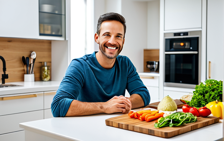A professional, healthy individual, appearing in their late 20s to early 30s, is seated comfortably at a clean, modern kitchen island, enjoying a vibrant and well-portioned low-carb vegan meal. The person is fully clothed in modest, appropriate attire, with a calm and content expression, suggesting stable energy and mental clarity. The background features a bright, organized kitchen with natural light. Perfect anatomy, correct proportions, natural pose, well-formed hands, proper finger count, natural body proportions, safe for work, appropriate content, professional photography, high quality.