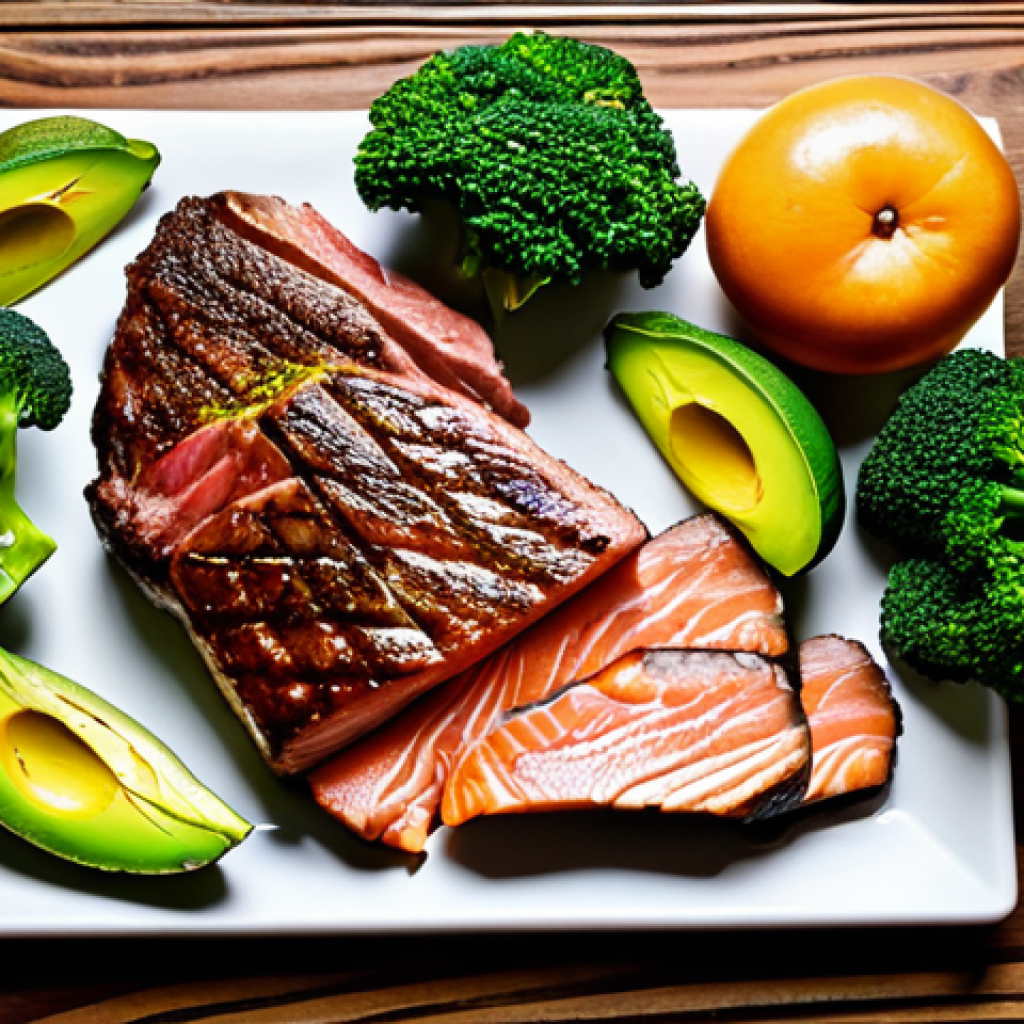 **
A colorful, appetizing spread of low-carb foods on a wooden table. Includes steak, salmon, broccoli, avocado, nuts, and olive oil. Bright, natural lighting. Emphasize freshness and health.
**