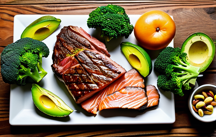 **

A colorful, appetizing spread of low-carb foods on a wooden table. Includes steak, salmon, broccoli, avocado, nuts, and olive oil. Bright, natural lighting. Emphasize freshness and health.

**