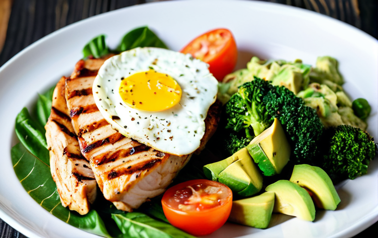저탄수화물 다이어트와 유산소 운동의 시너지 - Healthy Eating**
"A vibrant and colorful plate of food showcasing a balanced low-carb meal. Include...