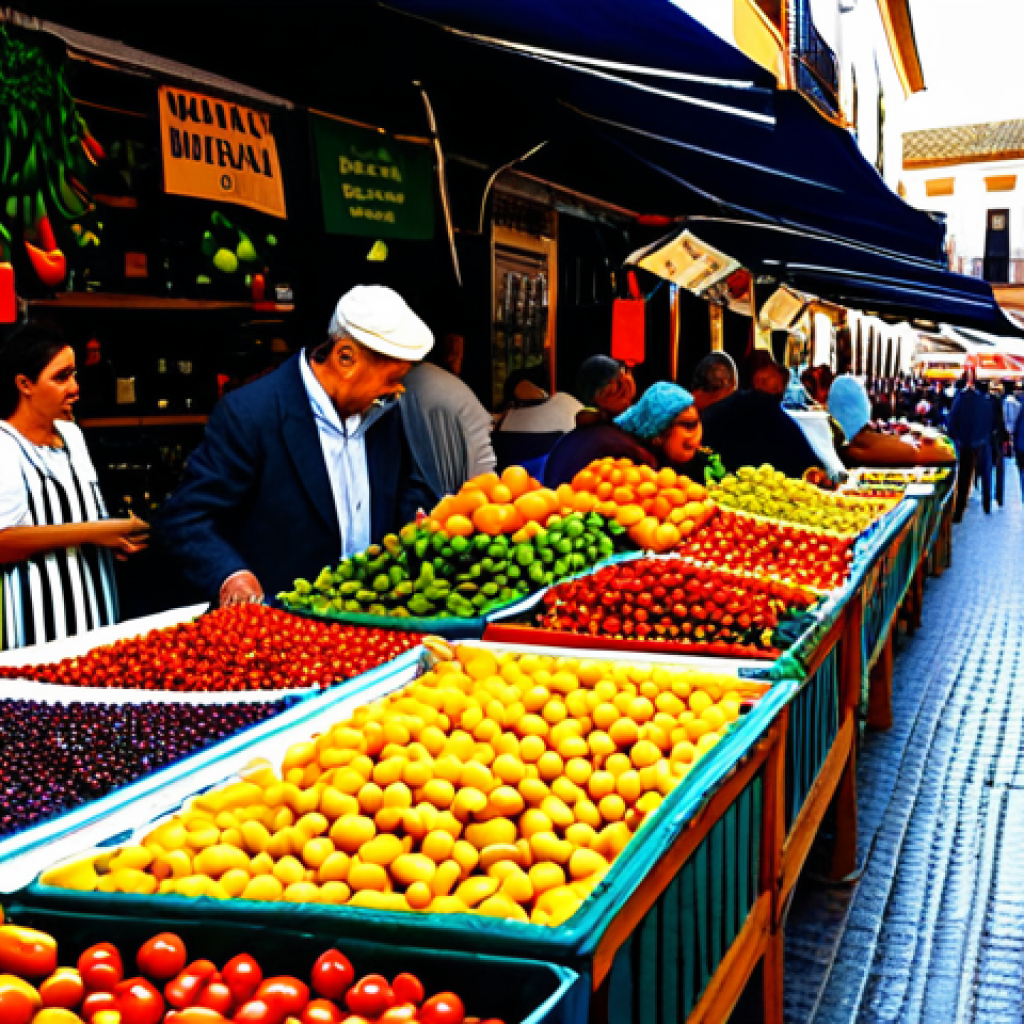 저탄수화물 다이어트를 위한 주의할 점 - **Mediterranean Market Scene:** Bustling marketplace in Seville, Spain. Vibrant produce stalls overf...