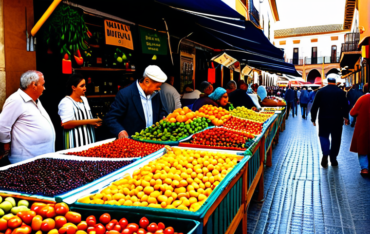 저탄수화물 다이어트를 위한 주의할 점 - **Mediterranean Market Scene:** Bustling marketplace in Seville, Spain. Vibrant produce stalls overf...