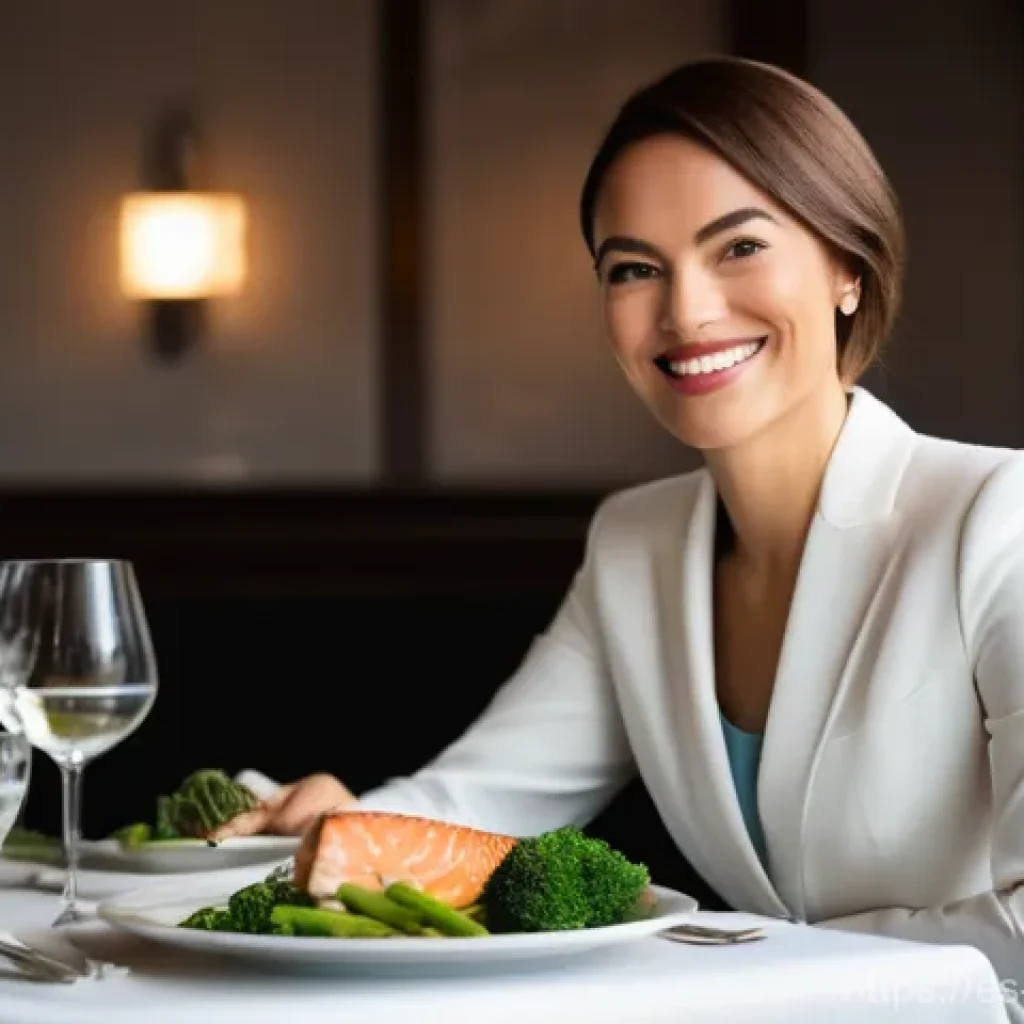 저탄수화물 다이어트에서의 사회적 압박 관리 - **Prompt:** A confident and elegantly dressed woman in her 30s is seated at a chic restaurant table,...