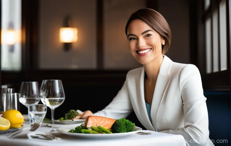 저탄수화물 다이어트에서의 사회적 압박 관리 - **Prompt:** A confident and elegantly dressed woman in her 30s is seated at a chic restaurant table,...
