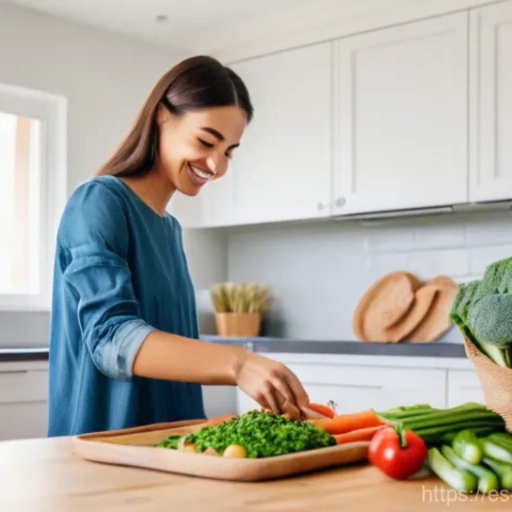 저탄수화물 다이어트에서의 탄수화물 섭취량 설정 - **Prompt:** A vibrant, sunlit kitchen scene featuring a diverse and wholesome meal. A person, appear...