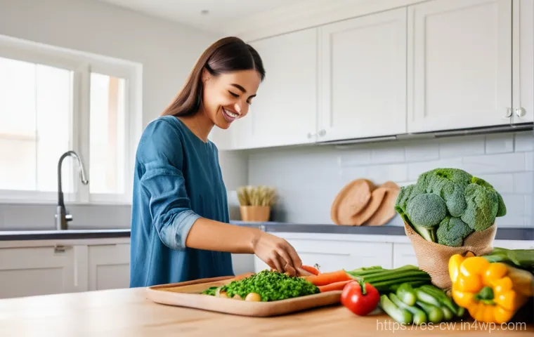 저탄수화물 다이어트에서의 탄수화물 섭취량 설정 - **Prompt:** A vibrant, sunlit kitchen scene featuring a diverse and wholesome meal. A person, appear...