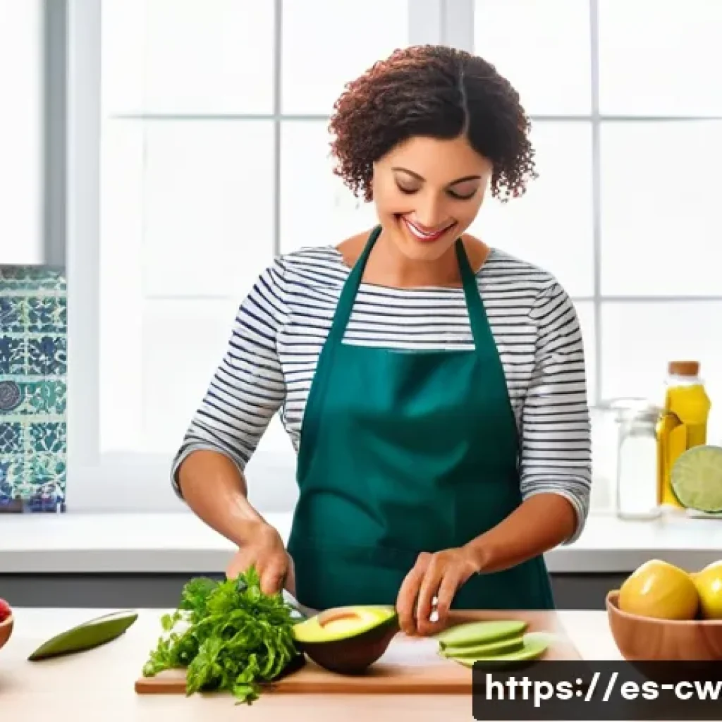 저탄수화물 다이어트와 혈당 조절 - A colorful and detailed Spanish kitchen scene featuring a middle-aged Hispanic woman preparing a bal...