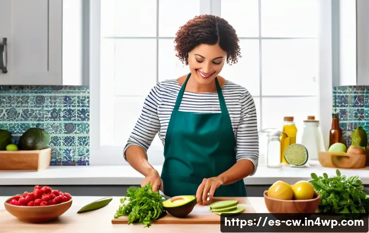 저탄수화물 다이어트와 혈당 조절 - A colorful and detailed Spanish kitchen scene featuring a middle-aged Hispanic woman preparing a bal...