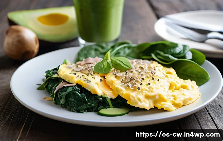 저탄수화물 다이어트 요리 레시피 모음 - A vibrant and appetizing low-carb breakfast scene featuring a rustic wooden table set outdoors with ...