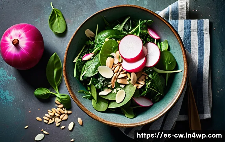 저탄수화물 다이어트에 좋은 음식 리스트 - A vibrant and fresh low-carb salad bowl featuring a mix of leafy greens like spinach, Swiss chard, a...