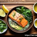 Home 20 저탄수화물 다이어트의 집중력을 높이는 방법 - A vibrant, detailed illustration of a healthy Mediterranean-style meal spread on a rustic wooden tab...