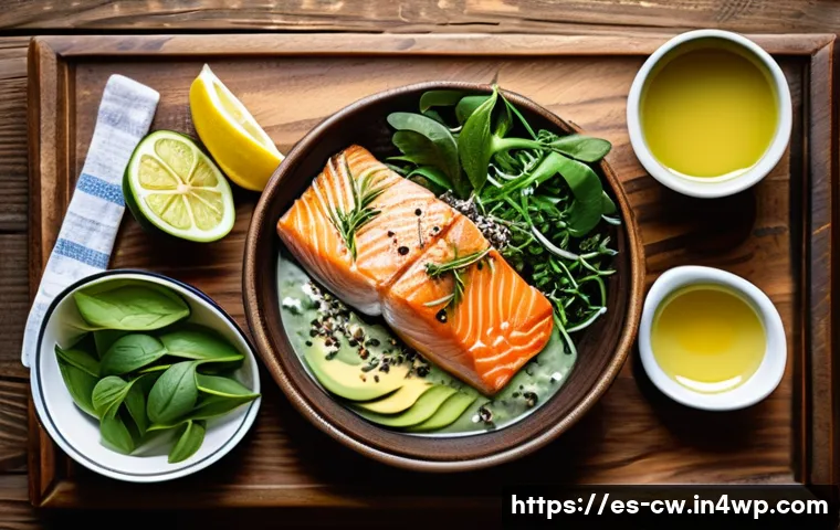 저탄수화물 다이어트의 집중력을 높이는 방법 - A vibrant, detailed illustration of a healthy Mediterranean-style meal spread on a rustic wooden tab...