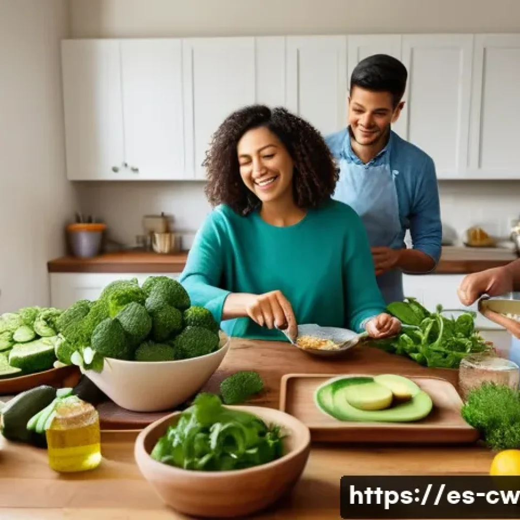 저탄수화물 다이어트의 장점과 단점 - A vibrant kitchen scene featuring a Hispanic family preparing a low-carbohydrate meal together, show...