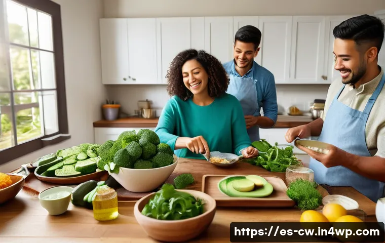 저탄수화물 다이어트의 장점과 단점 - A vibrant kitchen scene featuring a Hispanic family preparing a low-carbohydrate meal together, show...