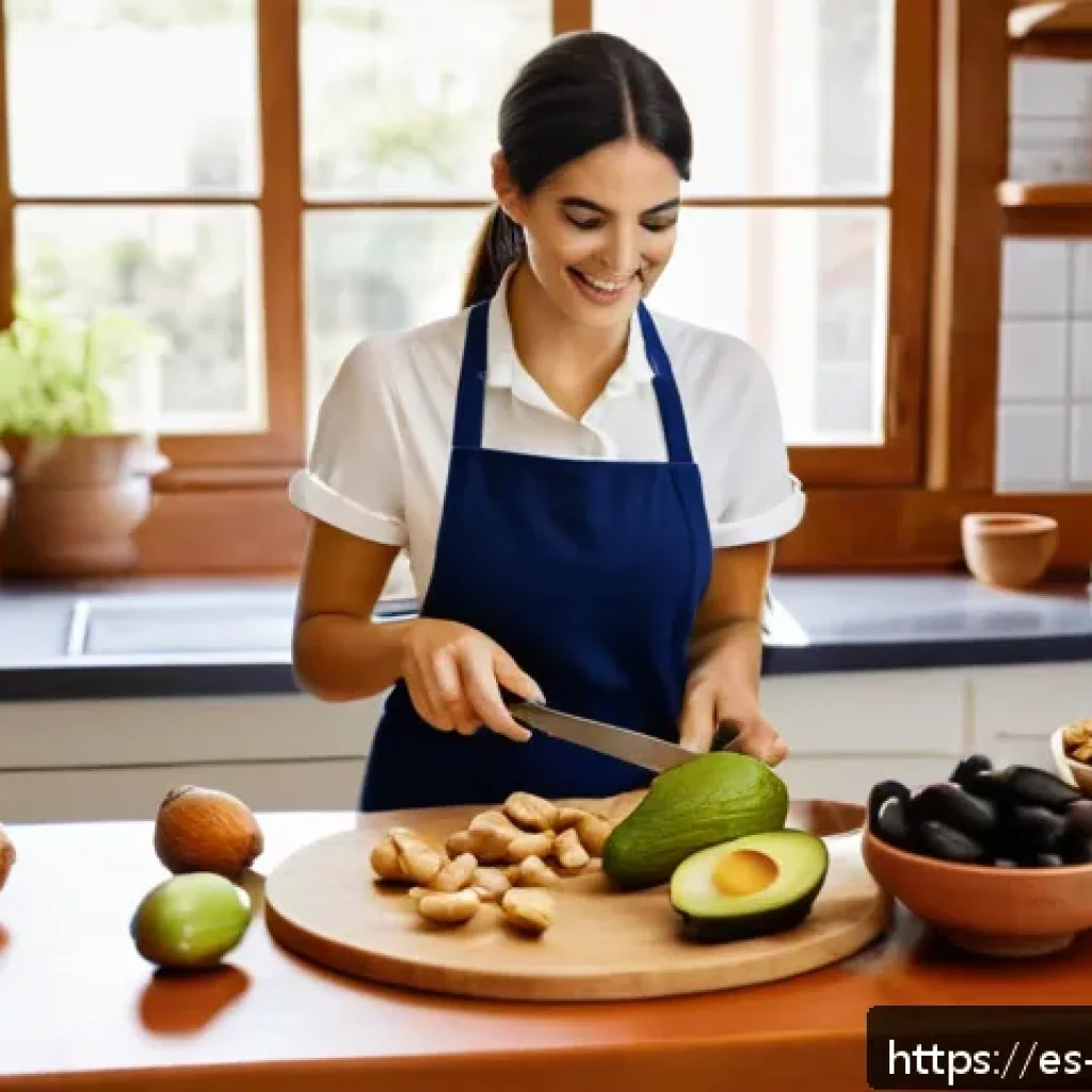 저탄수화물 다이어트와 간헐적 단식의 조화 - A vibrant and inviting kitchen scene featuring a young Spanish woman preparing low-carb meals. She i...