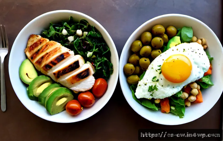 저탄수화물 다이어트와 케토제닉 다이어트 비교 - Photorealistic overhead comparison of two Spanish-style healthy lunch plates on a sunlit rustic kitc...
