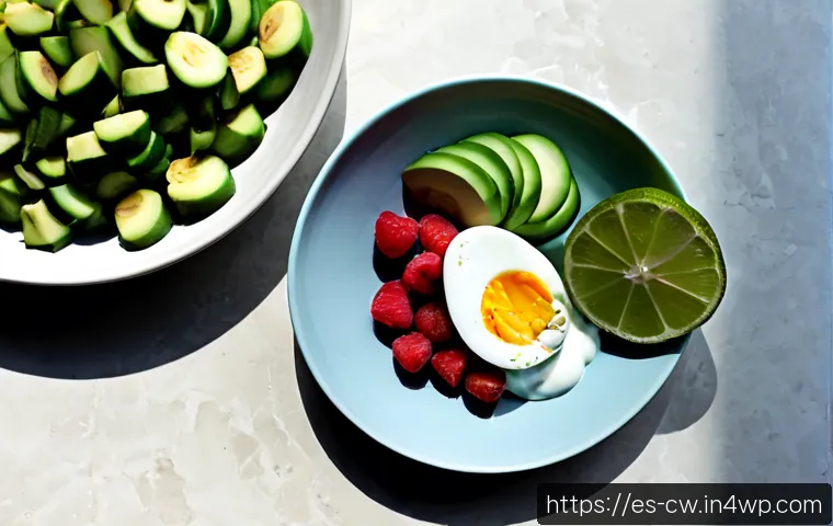 저탄수화물 다이어트 중 간식 선택법 - Photorealistic overhead kitchen-table scene of smart low-carbohydrate snack choices for a Spanish ho...
