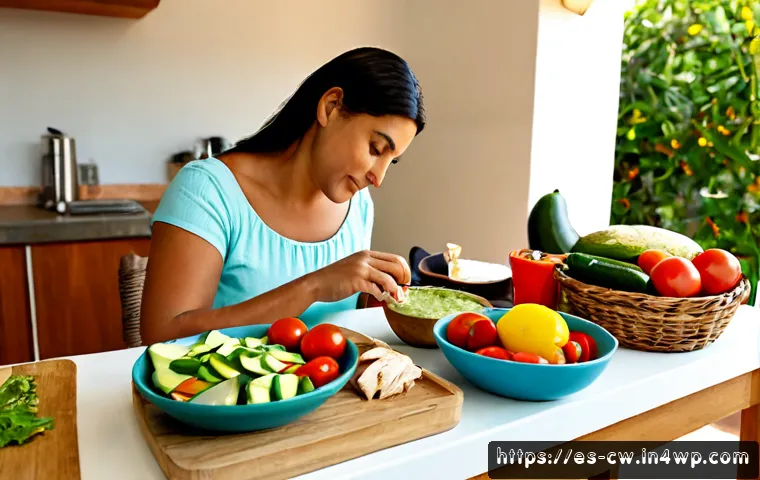 저탄수화물 다이어트의 지속 가능성 - Photorealistic sustainable low-carbohydrate lifestyle scene in a bright Spanish family kitchen, midd...