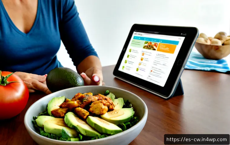저탄수화물 다이어트의 신뢰할 수 있는 정보 출처 - Photorealistic home nutrition research scene for Spanish-speaking audience, middle-aged woman in a b...