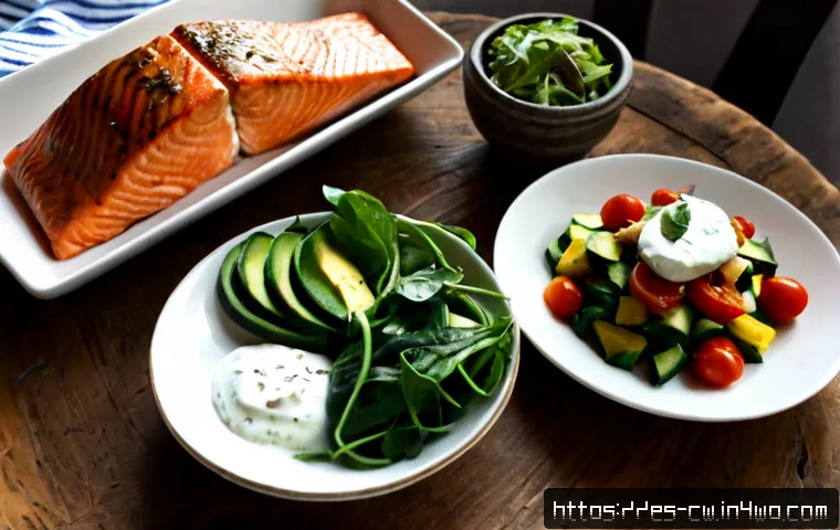 저탄수화물 다이어트와 대사 증후군 - Photorealistic overhead view of a low-carbohydrate Mediterranean-style meal for metabolic health: gr...